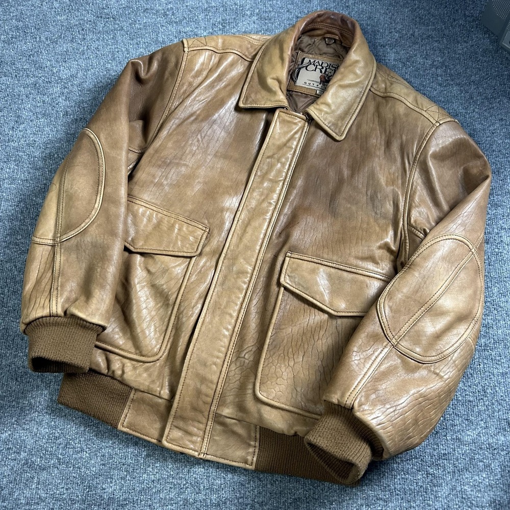 Madison Creek Outfitters Jacket Mens Large Brown Leather Bomber Plaid Lined